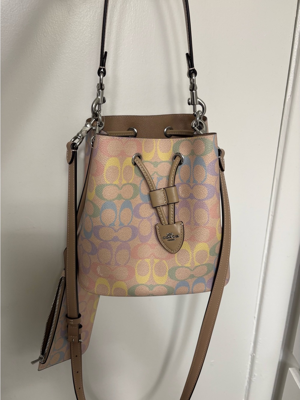 Coach Multicolor rainbow Pastel Signature Drawstring Bucket Bag with Tan Trim